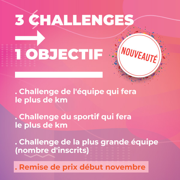 Nouvaut : 3 challenges => 1 objectif : Challenge de l'quipe qui fera le plus de km / Challenge du sportif qui fera le plus de km / Challenge de la plus grande quipe (nombre d'inscrits) / Remise de prix dbut novembre