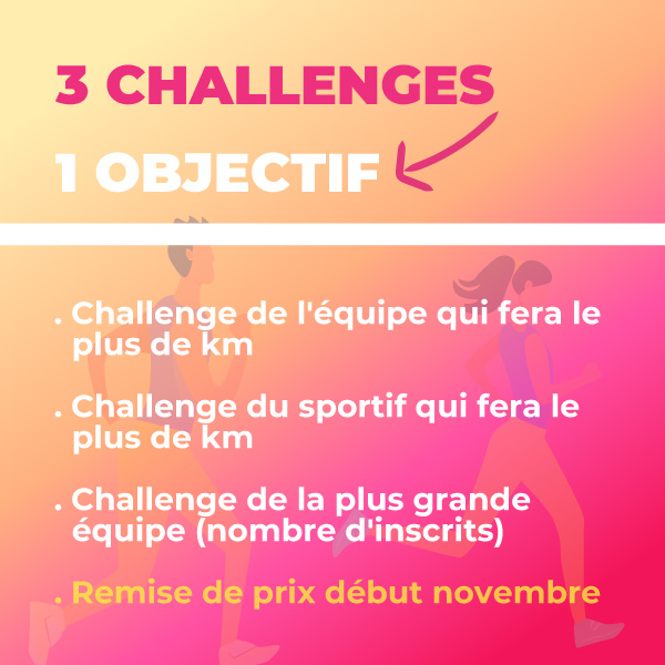 Nouvaut : 3 challenges => 1 objectif : Challenge de l'quipe qui fera le plus de km / Challenge du sportif qui fera le plus de km / Challenge de la plus grande quipe (nombre d'inscrits) / Remise de prix dbut novembre